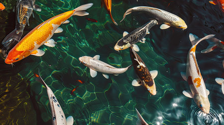 A serene koi pond with brightly colored koi fish swimming gracefully.の素材
