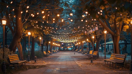 A serene park with decorative lights.の素材