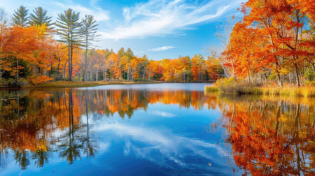 A scenic view of a lake surrounded by trees in full fall colors with reflections in the water.の素材