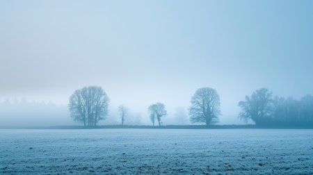 A serene field blanketed in fog, with the outlines of distant trees just visible.の素材