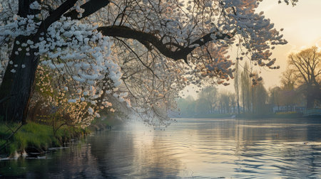 A scenic view of a river with blossoming trees along its banks.の素材