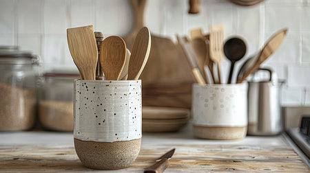 A set of bamboo kitchen utensils in a ceramic holder on a rustic kitchen counter.の素材