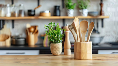 A set of bamboo kitchen utensils in a stylish holder, placed on a modern kitchen counter.の素材