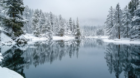 A serene snow-covered lake with reflections of snowy trees on the water.の素材