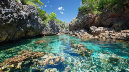A secluded lagoon with rocky outcrops and crystal clear water, perfect for snorkeling.の素材