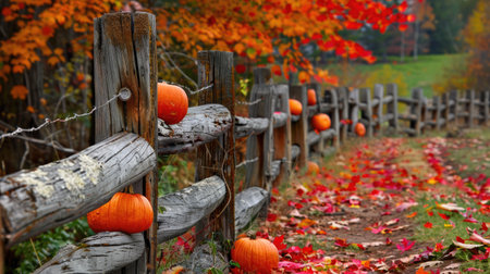 A rustic wooden fence lined with colorful fall leaves and pumpkins.の素材