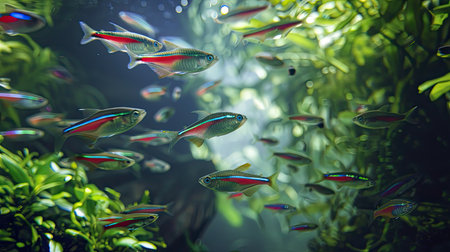 A school of neon tetras gliding through a lush planted aquarium.の素材