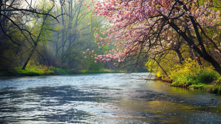 A scenic view of a river with blossoming trees along its banks.の素材