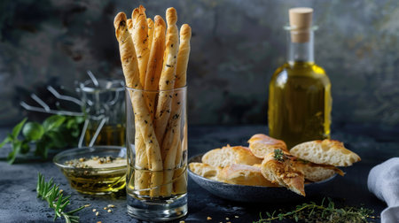 A selection of breadsticks arranged in a tall glass, served with a side of olive oil and herbs.の素材