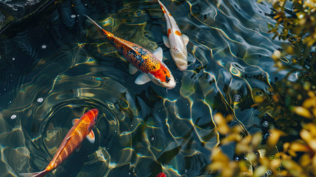 A serene koi pond with multicolored koi fish swimming just beneath the surface.の素材