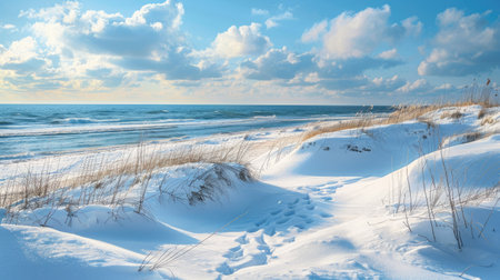 A serene winter beach with snow-covered dunes and a calm sea.の素材