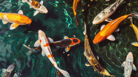 A serene koi pond with multicolored koi fish swimming just beneath the surface.の素材