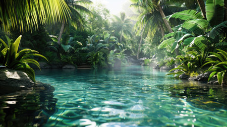 A serene tropical lagoon with crystal clear water and lush greenery surrounding it.の素材