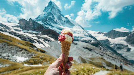 A scenic mountain backdrop with a person holding an ice cream cone in the foreground.の素材