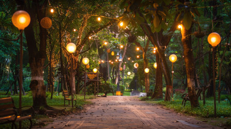 A serene park with decorative lights.の素材