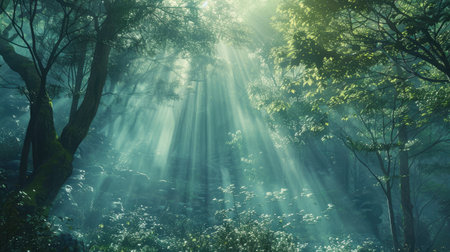 A serene forest with light beams.の素材