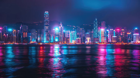 A skyline view with buildings lit up in different colors, creating a spectacular night scene.の素材