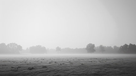 A serene field blanketed in fog, with the outlines of distant trees just visible.の素材