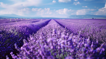 A serene field of lavender in full bloom, stretching out to the horizon.の素材
