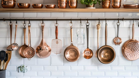 A set of copper kitchen utensils hanging above a white subway tile backsplash.の素材