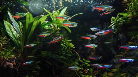 A school of neon tetras gliding through a lush planted aquarium.の素材