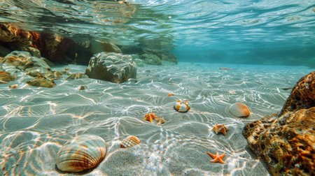 A serene lagoon with clear, shallow water and colorful seashells on the sandy bottom.の素材