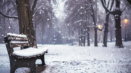 A snow-covered bench in a quiet park with bare trees and falling snowflakes.の素材