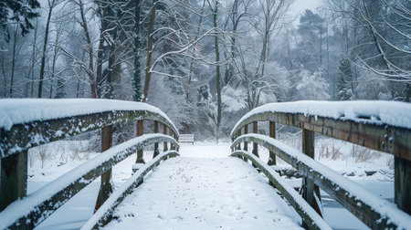 A snow-covered bridge crossing a frozen river in a winter forest.の素材