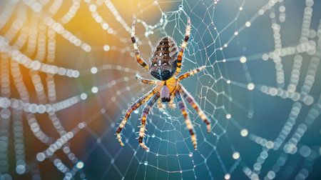 A spider with an intricate web covered in morning dew.の素材