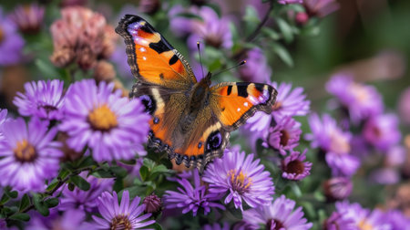 A small tortoiseshell butterfly resting on a cluster of purple asters in full bloom.の素材