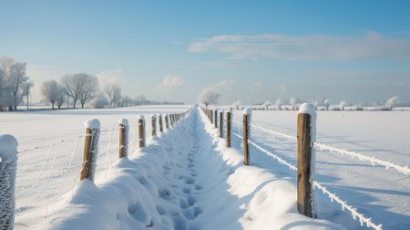 A snow-covered fence line stretching into the distance, with fields on either side.の素材