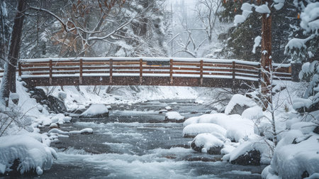 A snow-covered bridge with a river flowing underneath, partially frozen.の素材