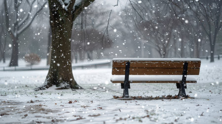 A snow-covered bench in a quiet park with bare trees and falling snowflakes.の素材
