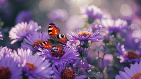 A small tortoiseshell butterfly resting on a cluster of purple asters in full bloom.の素材