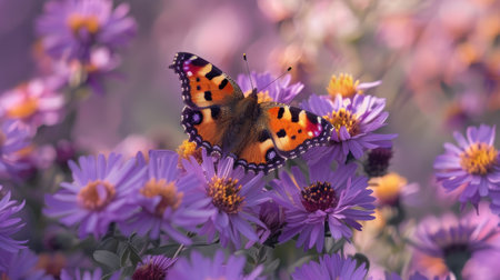 A small tortoiseshell butterfly resting on a cluster of purple asters in full bloom.の素材