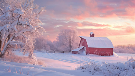 A snow-covered barn in a rural winter landscape with a soft pastel sky.の素材