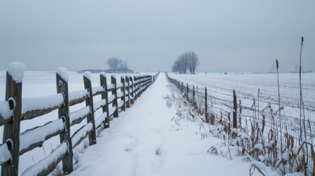 A snow-covered fence line stretching into the distance, with fields on either side.の素材
