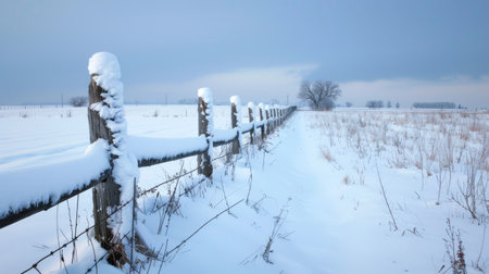 A snow-covered fence line stretching into the distance, with fields on either side.の素材
