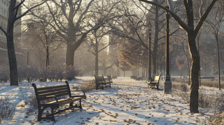 A snow-covered city park with benches, bare trees, and a light dusting of snow.の素材