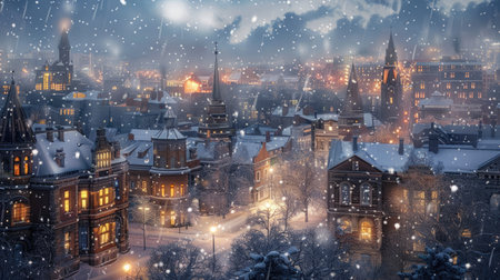 A snow-covered cityscape with historic buildings and twinkling lights.の素材