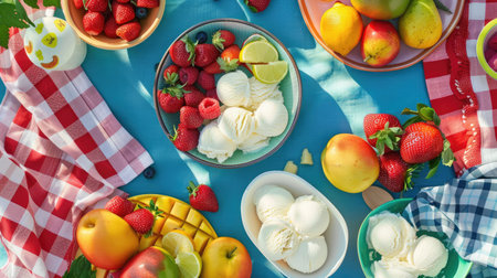 A summer picnic scene with ice cream bowls, fresh fruits, and colorful napkins.の素材