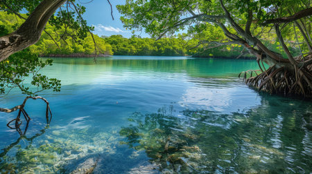 A tranquil lagoon framed by mangroves, with their roots dipping into the clear water.の素材