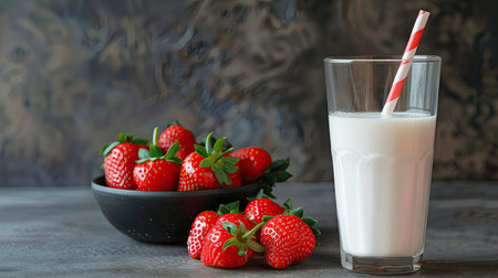 A tall glass of milk with a straw, set on a table next to a bowl of strawberries.の素材