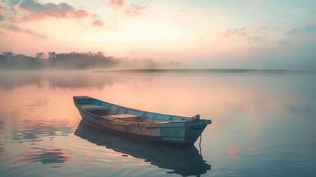 A small, rustic fishing boat anchored in a lagoon at dawn, with mist rising from the water.の素材