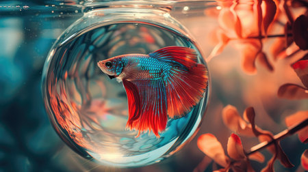 A stunning betta fish swimming in a glass bowl, its colors vividly displayed.の素材