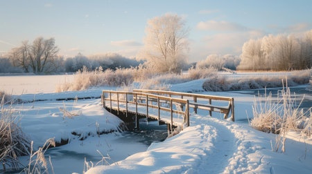 A snow-covered bridge crossing a frozen river in a picturesque winter landscape.の素材