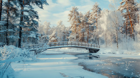A snow-covered bridge crossing a frozen river in a winter forest.の素材