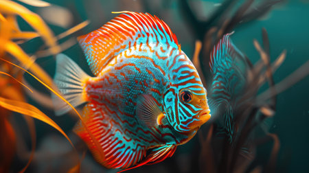 A stunning discus fish displaying its intricate patterns in an aquarium.の素材