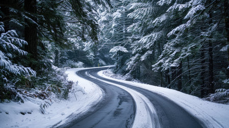 A snow-covered road winding through a dense forest with tall pine trees.の素材
