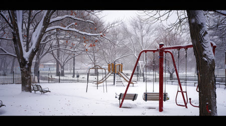 A snow-covered playground with swings and slides, quiet and still.の素材